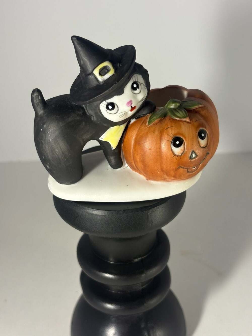 Vintage Ceramic Halloween Black Cat with Witch Hat and Jack-o'-Lantern Votive Ca